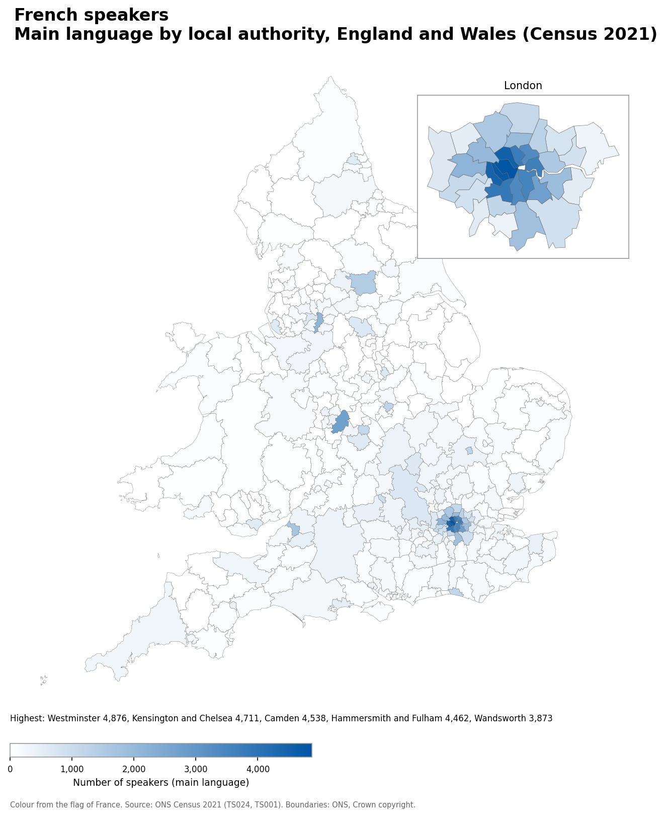 Map of the number of people with French as their main language by local authority in England and Wales, Census 2021