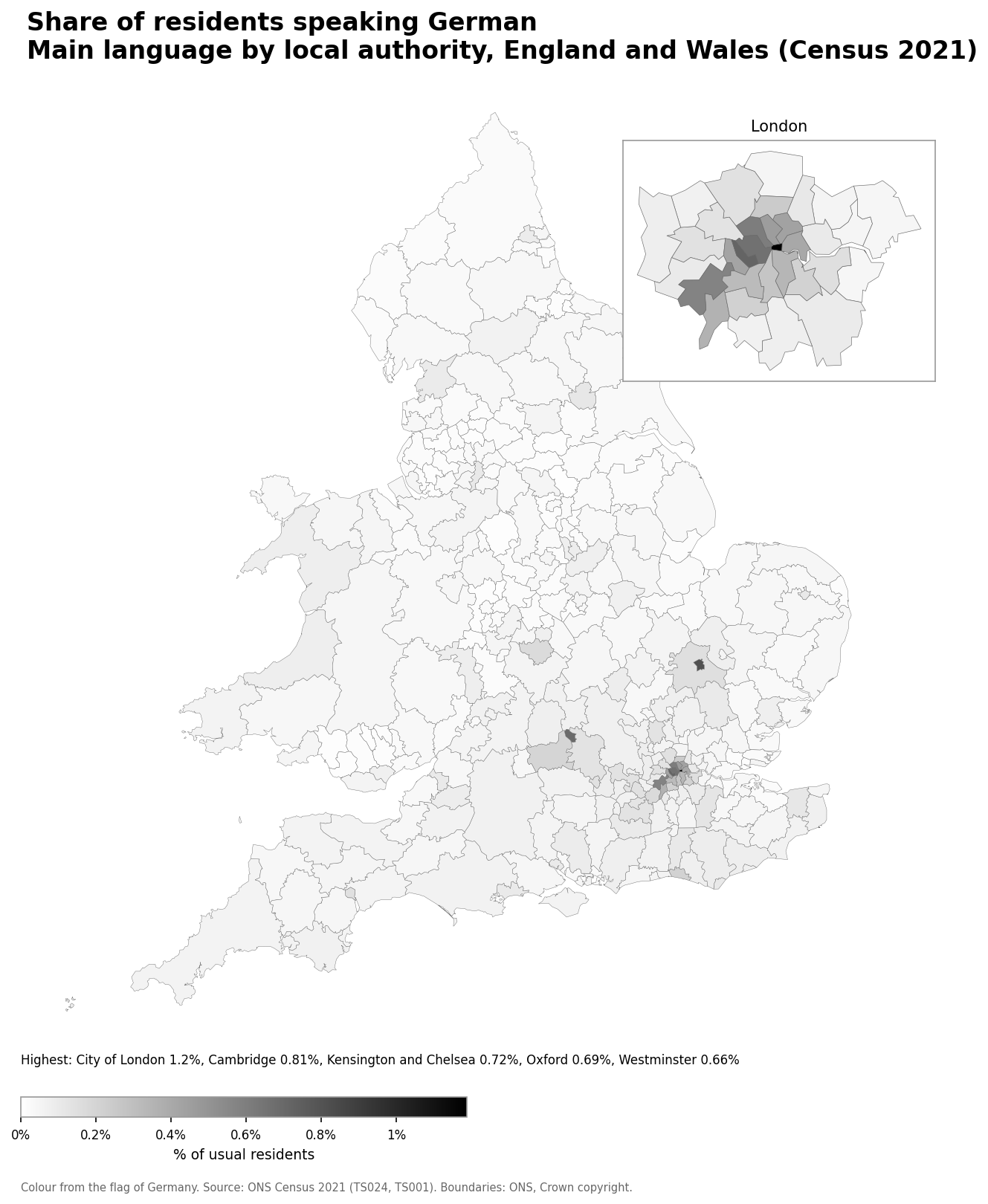 Map of the percentage of residents with German as their main language by local authority in England and Wales, Census 2021