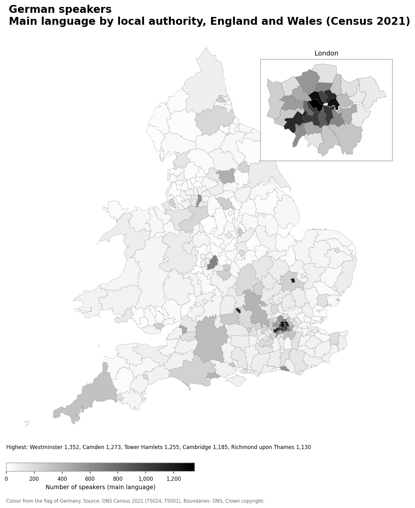 Map of the number of people with German as their main language by local authority in England and Wales, Census 2021