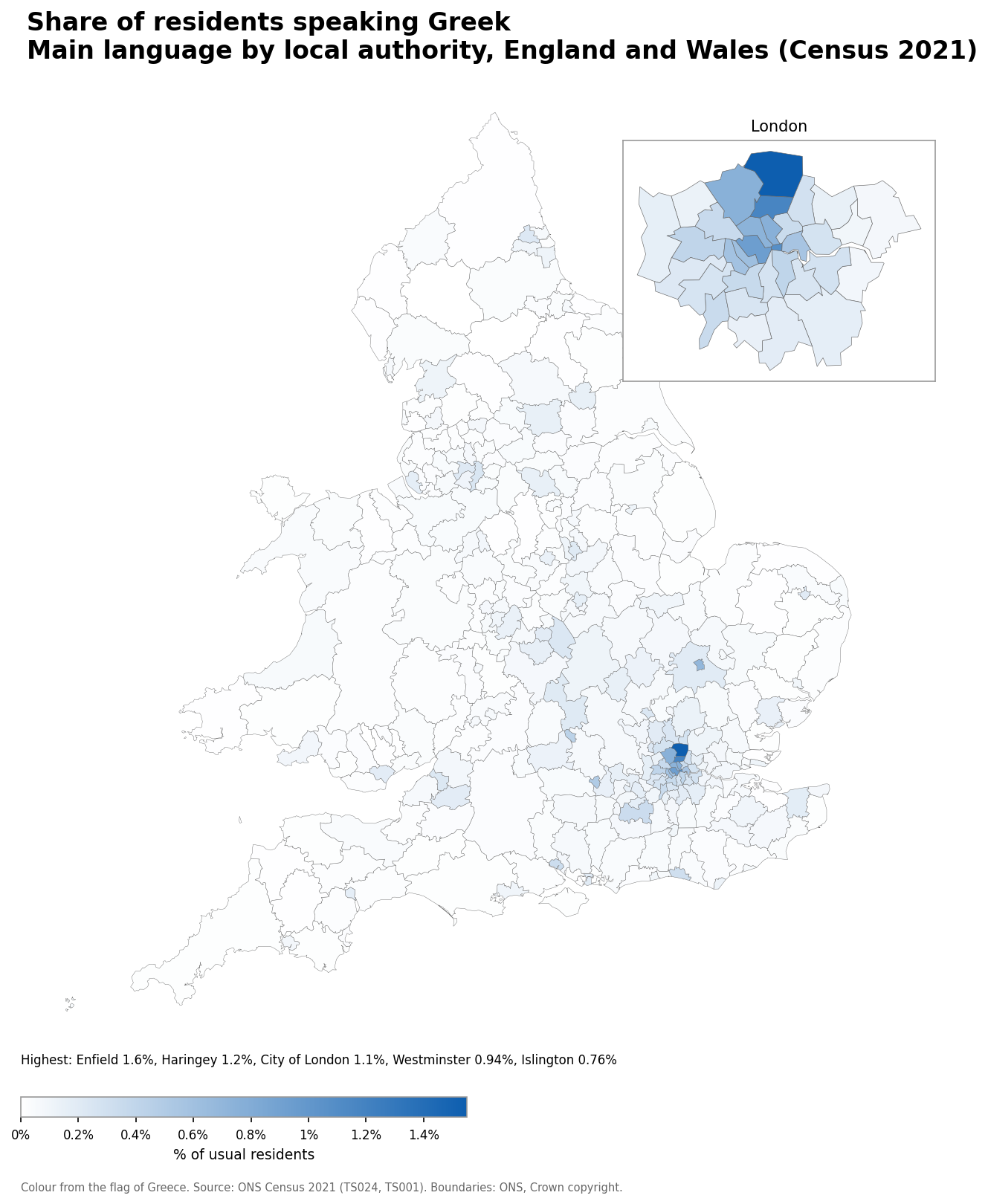 Map of the percentage of residents with Greek as their main language by local authority in England and Wales, Census 2021
