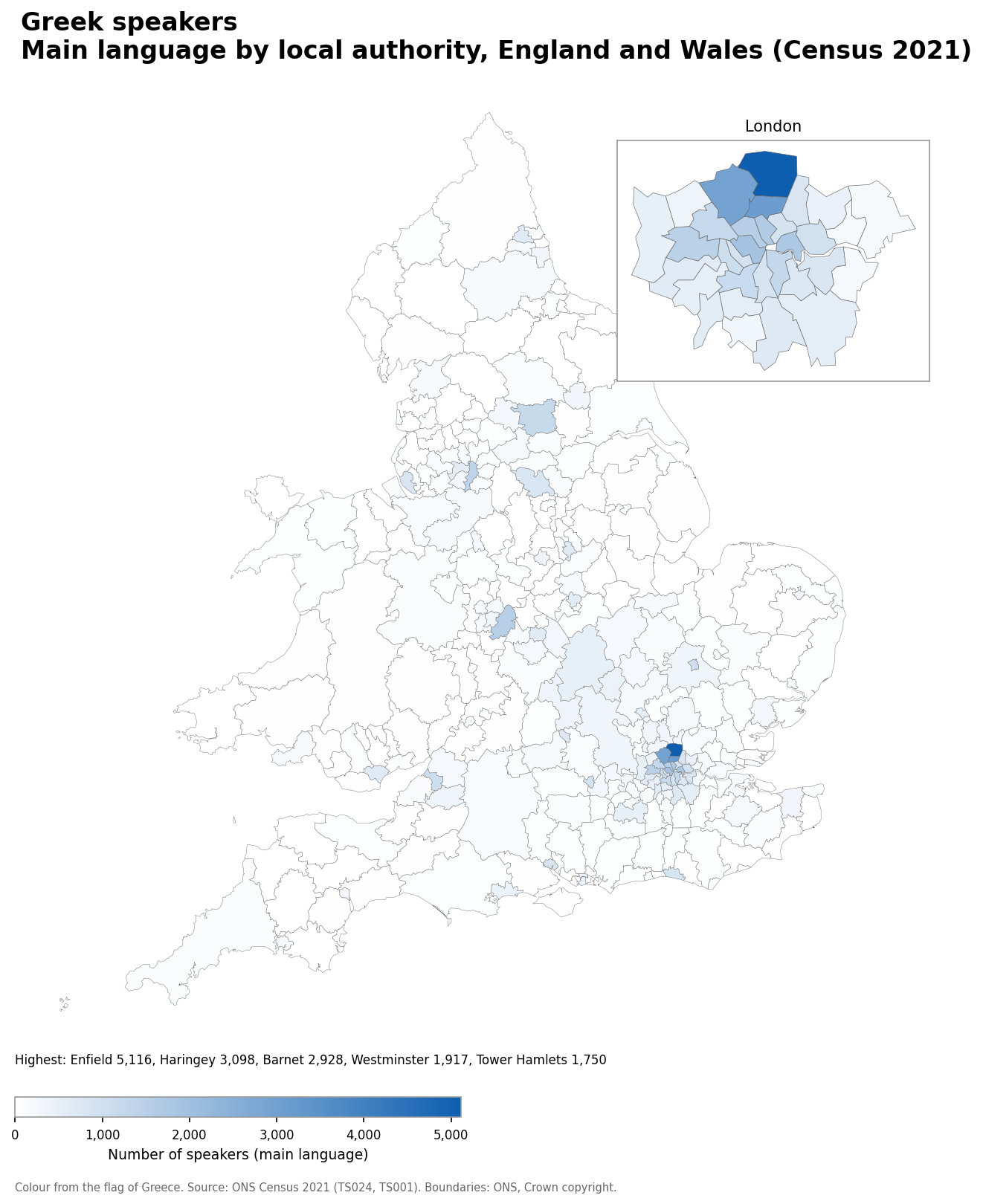 Map of the number of people with Greek as their main language by local authority in England and Wales, Census 2021