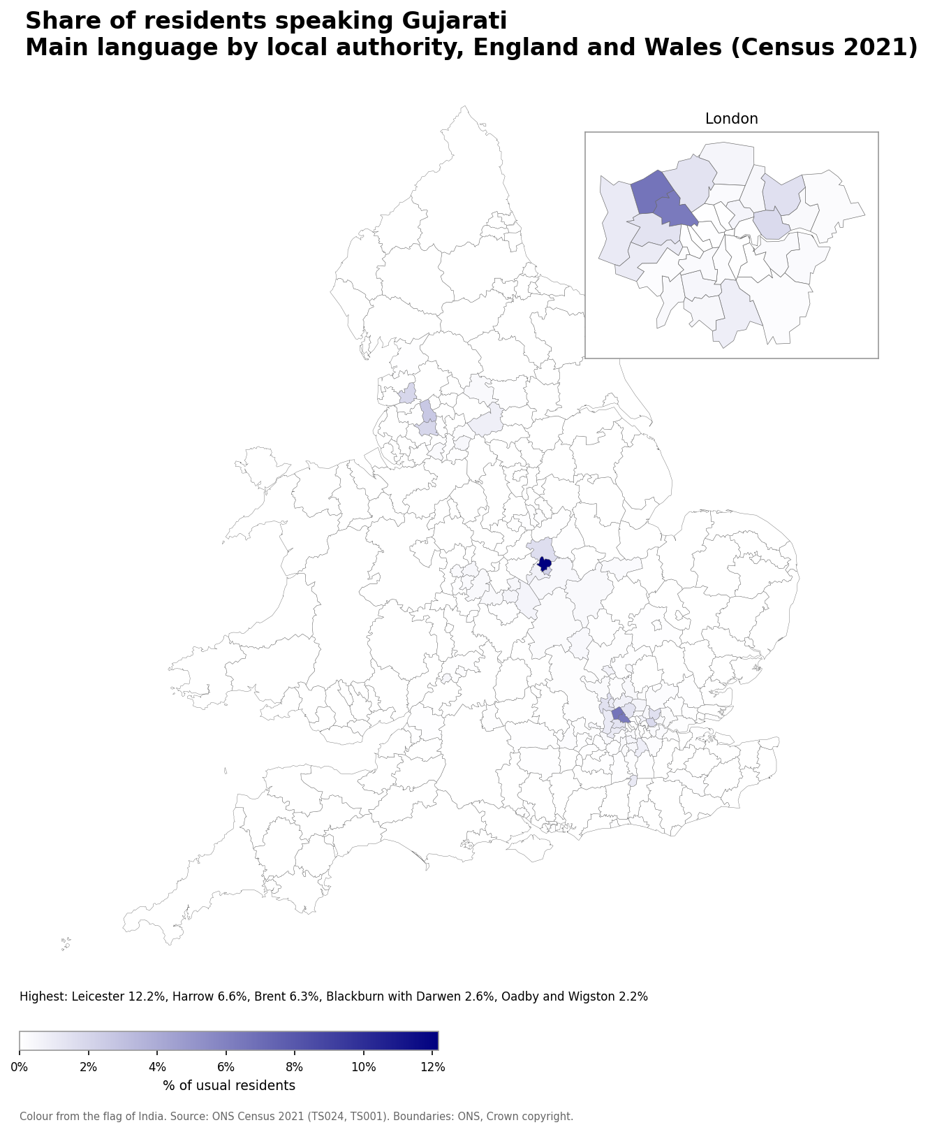 Map of the percentage of residents with Gujarati as their main language by local authority in England and Wales, Census 2021