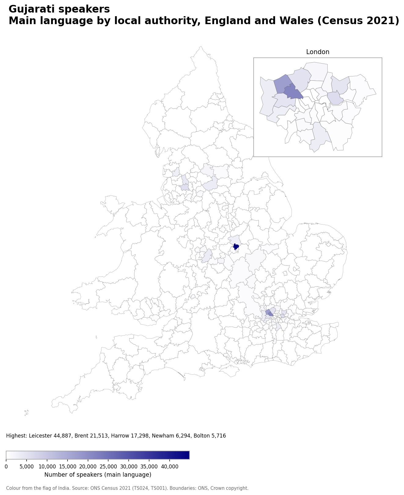 Map of the number of people with Gujarati as their main language by local authority in England and Wales, Census 2021