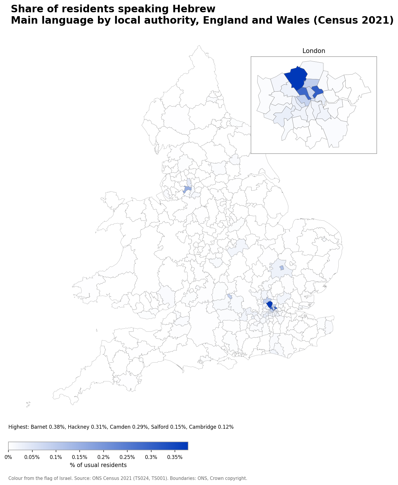 Map of the percentage of residents with Hebrew as their main language by local authority in England and Wales, Census 2021