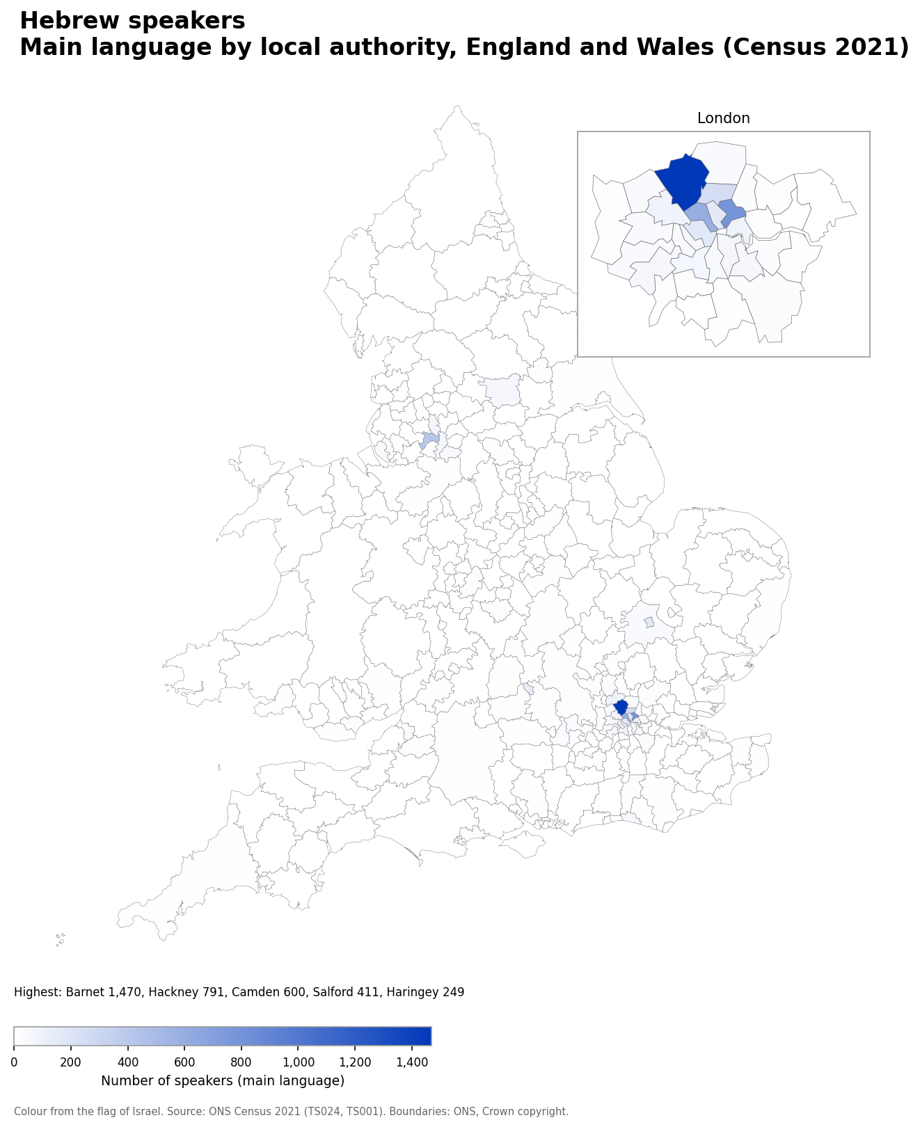 Map of the number of people with Hebrew as their main language by local authority in England and Wales, Census 2021