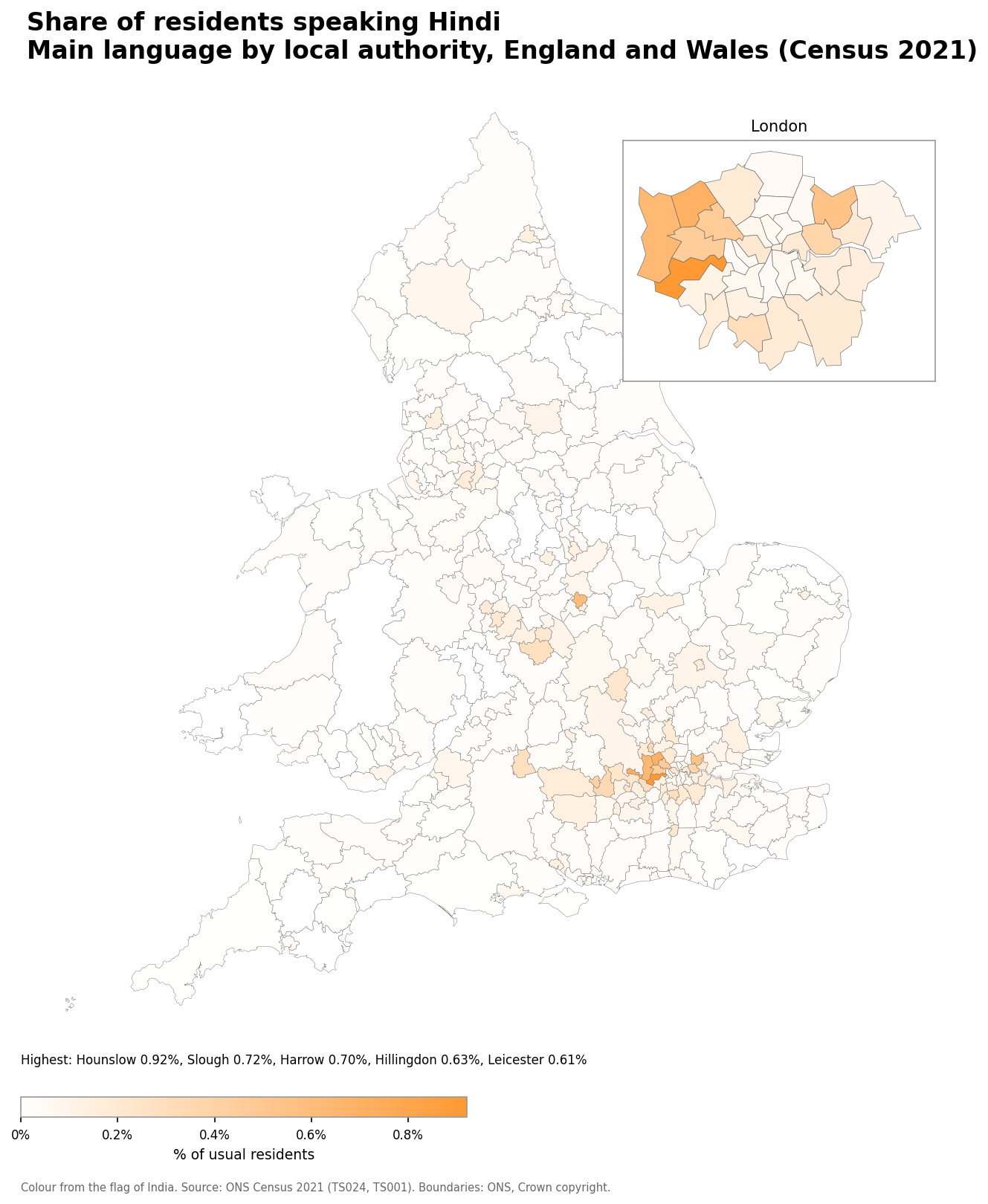 Map of the percentage of residents with Hindi as their main language by local authority in England and Wales, Census 2021