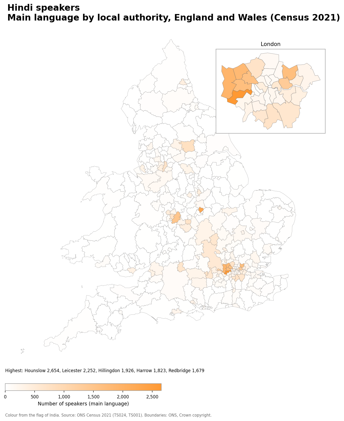 Map of the number of people with Hindi as their main language by local authority in England and Wales, Census 2021