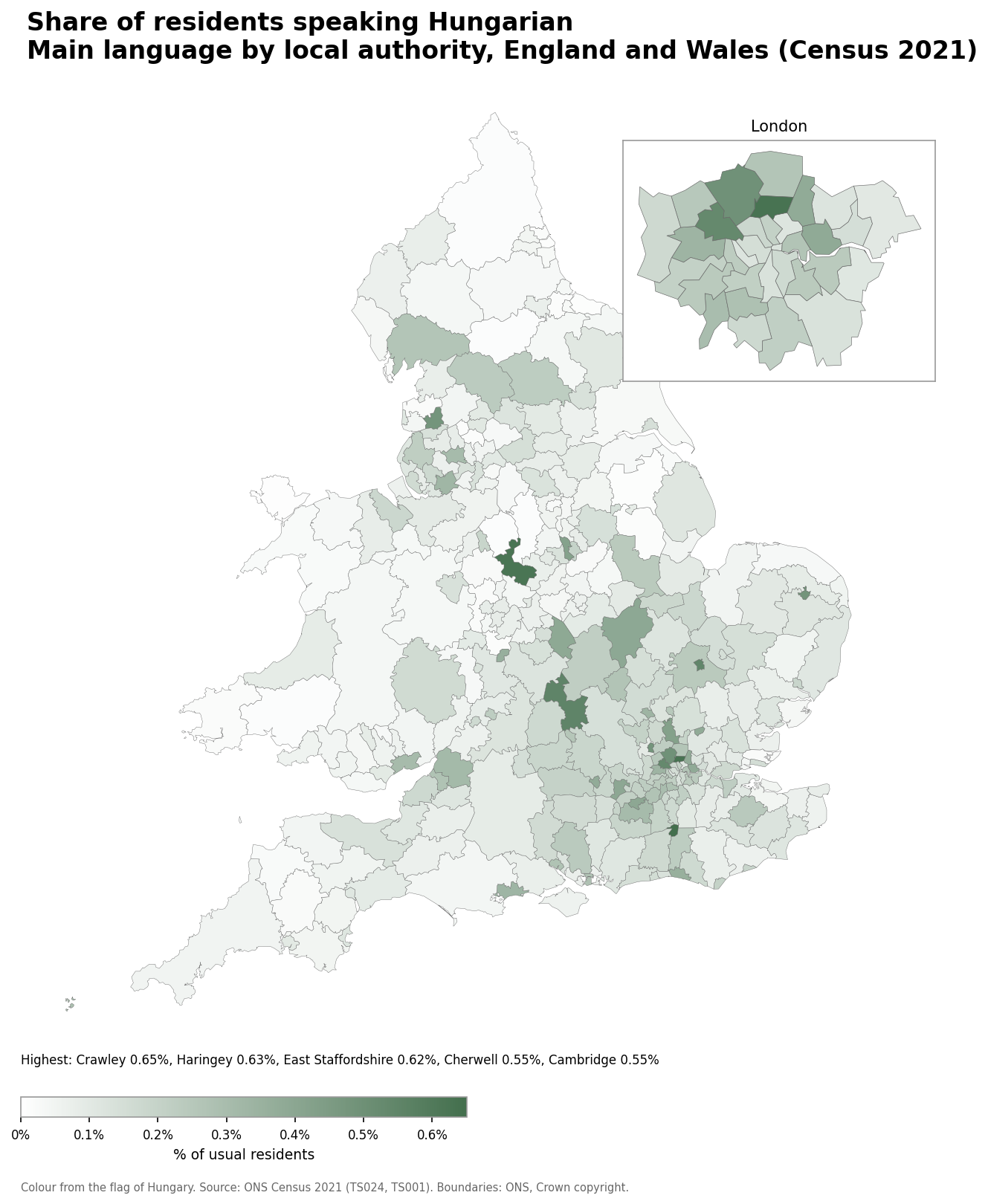 Map of the percentage of residents with Hungarian as their main language by local authority in England and Wales, Census 2021