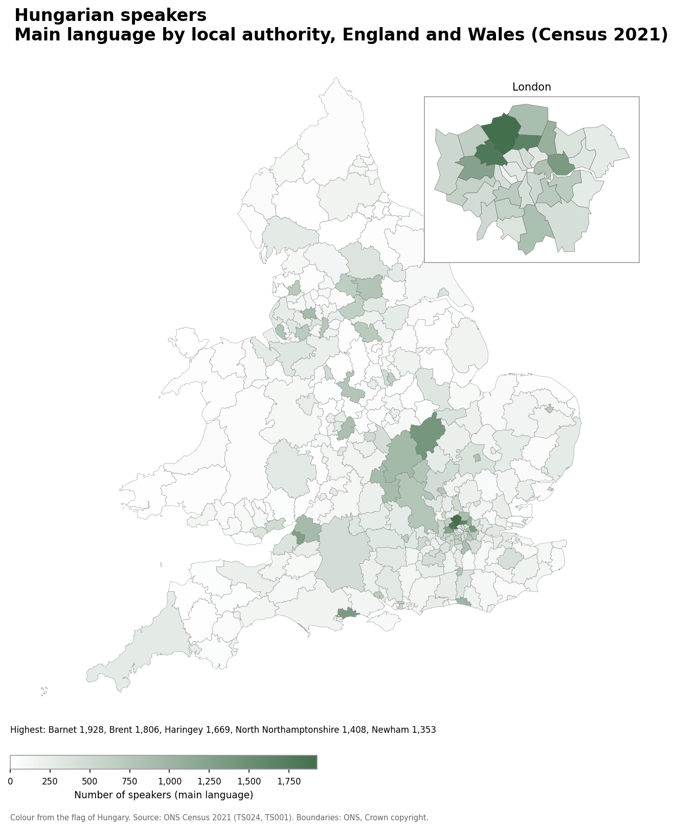 Map of the number of people with Hungarian as their main language by local authority in England and Wales, Census 2021
