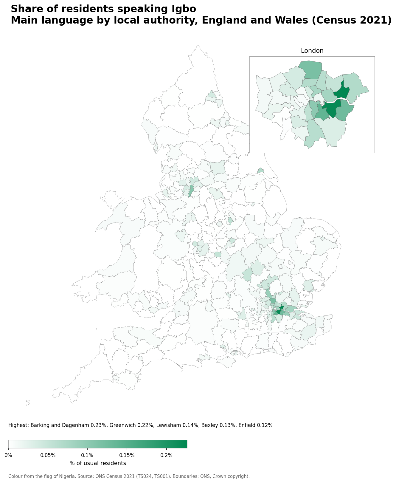 Map of the percentage of residents with Igbo as their main language by local authority in England and Wales, Census 2021