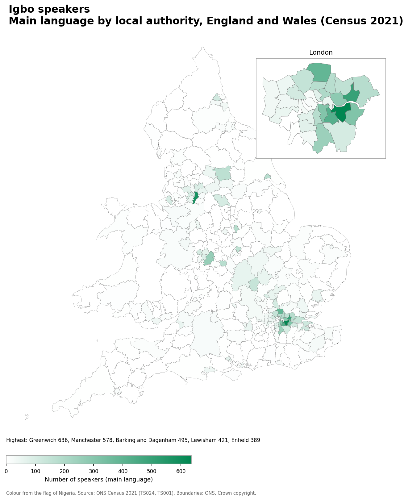 Map of the number of people with Igbo as their main language by local authority in England and Wales, Census 2021