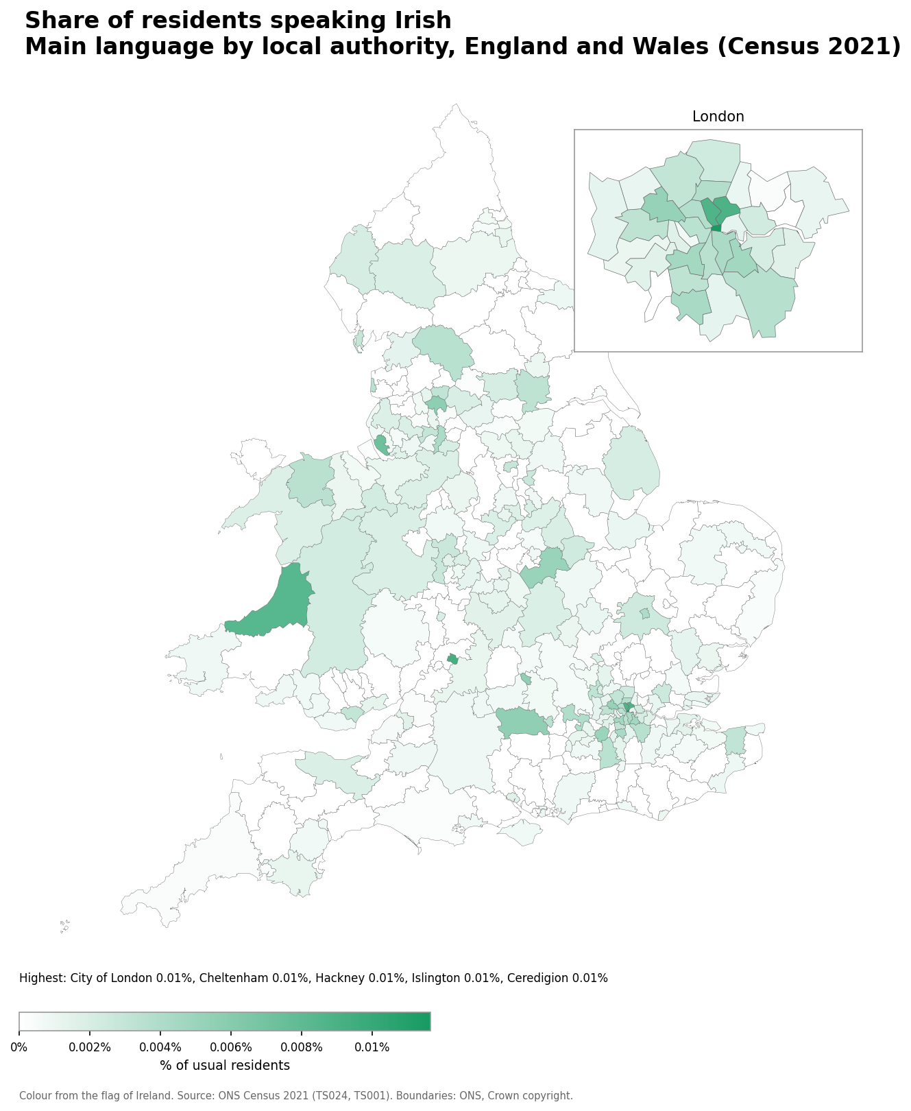 Map of the percentage of residents with Irish as their main language by local authority in England and Wales, Census 2021