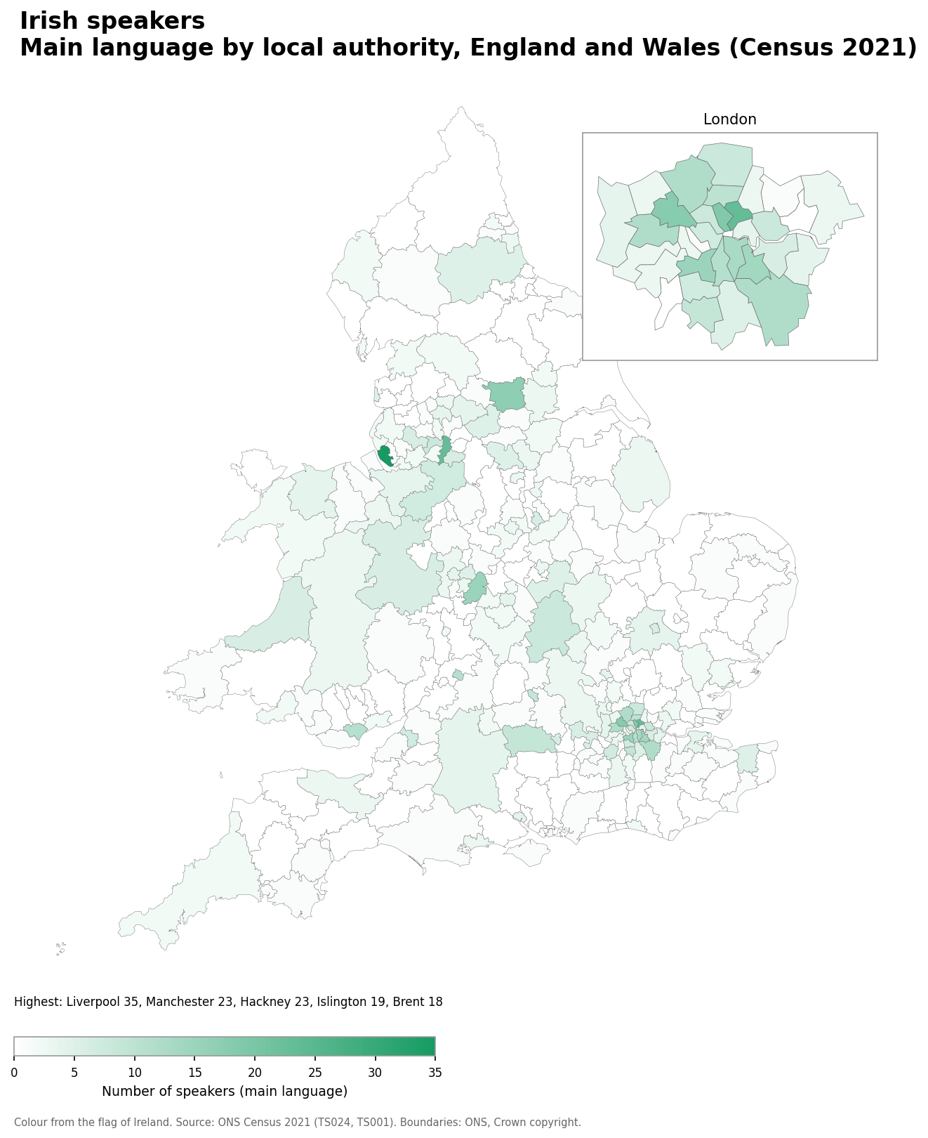 Map of the number of people with Irish as their main language by local authority in England and Wales, Census 2021
