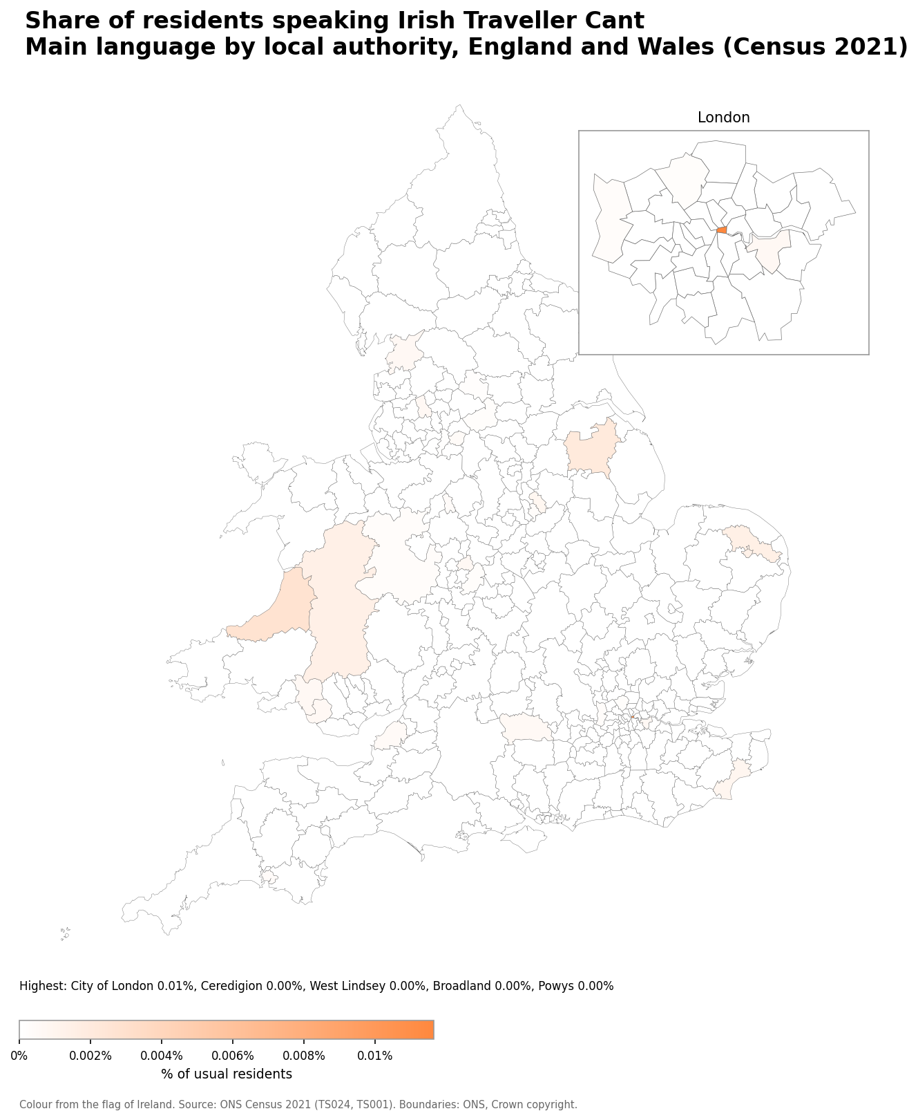 Map of the percentage of residents with Irish Traveller Cant as their main language by local authority in England and Wales, Census 2021