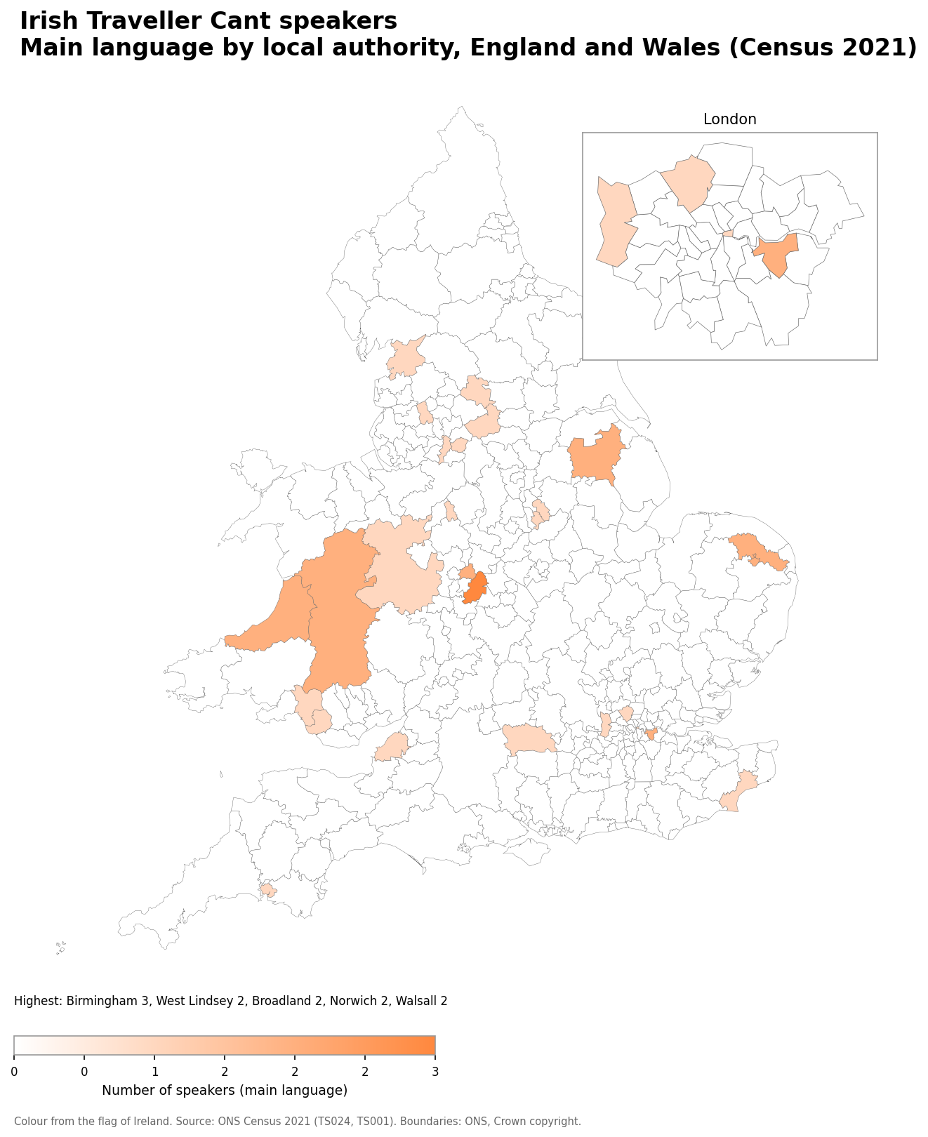 Map of the number of people with Irish Traveller Cant as their main language by local authority in England and Wales, Census 2021