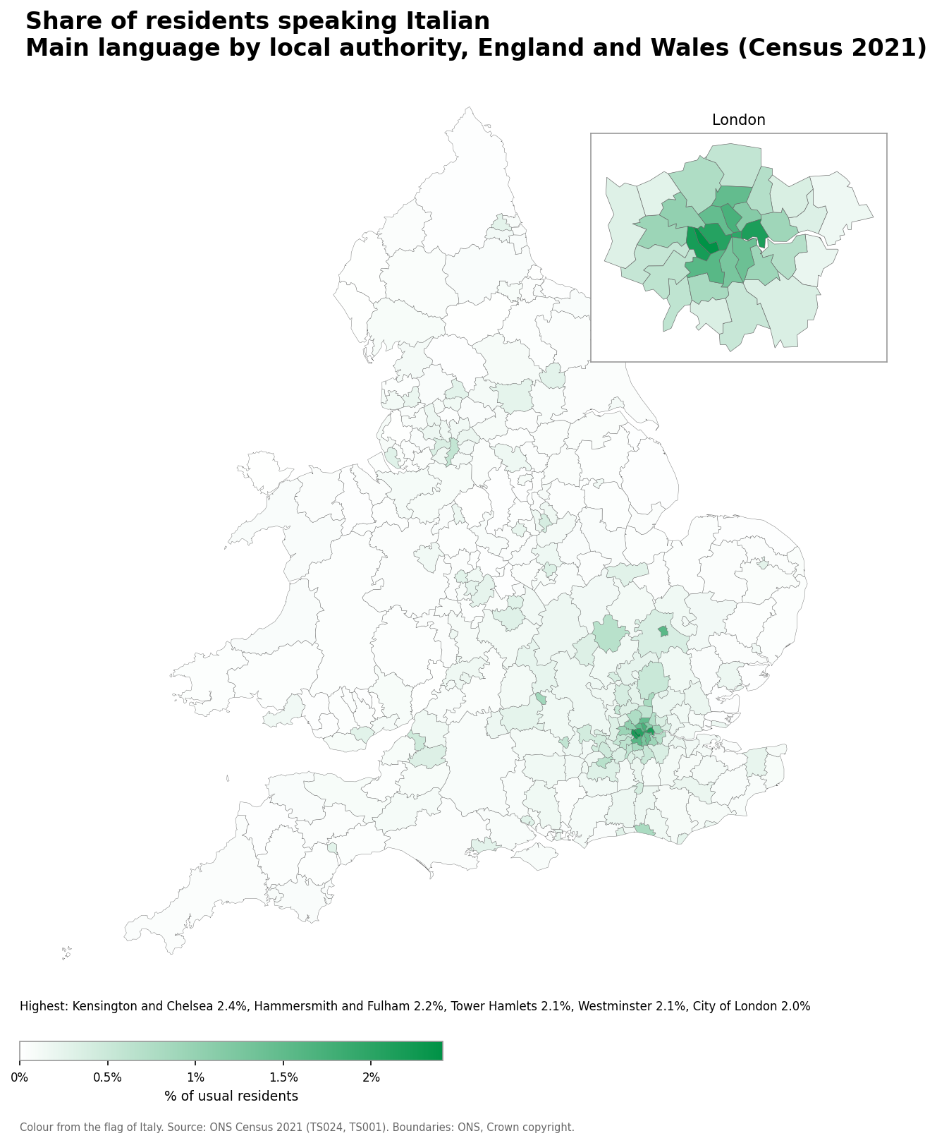 Map of the percentage of residents with Italian as their main language by local authority in England and Wales, Census 2021