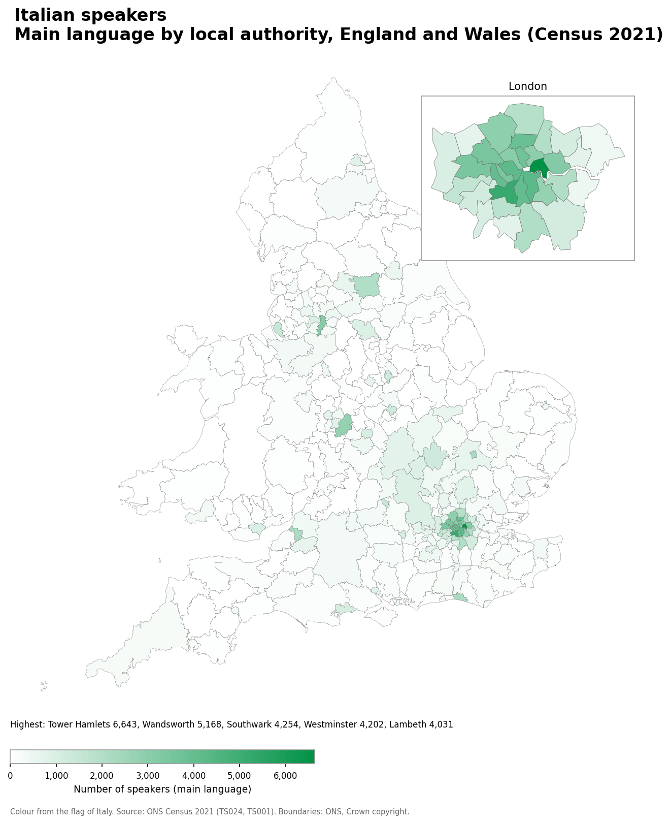 Map of the number of people with Italian as their main language by local authority in England and Wales, Census 2021