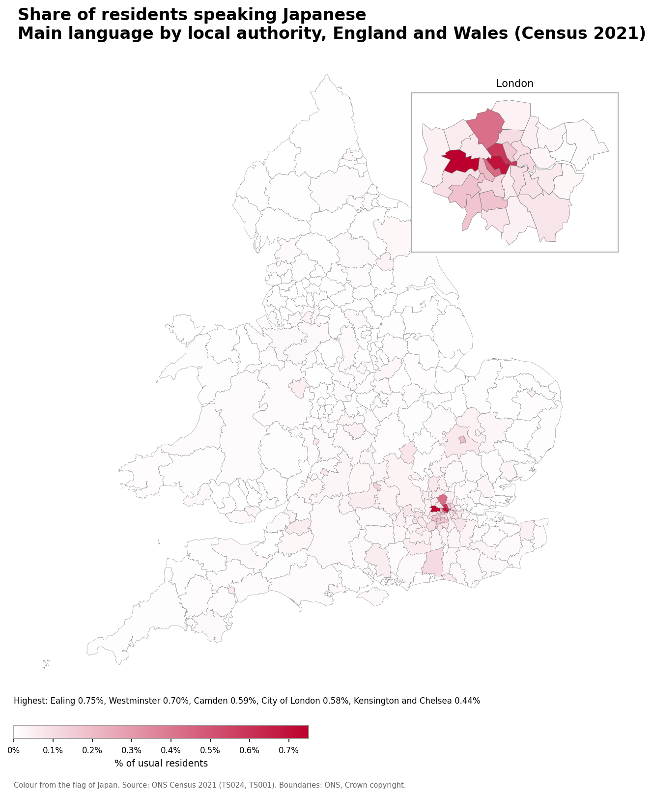 Map of the percentage of residents with Japanese as their main language by local authority in England and Wales, Census 2021