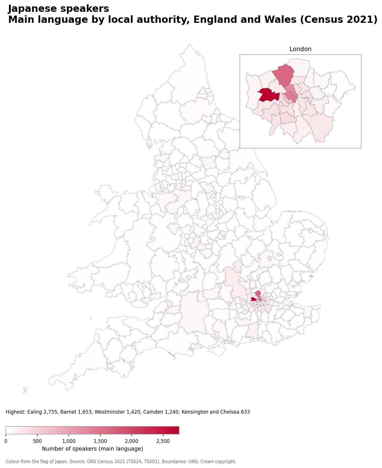Map of the number of people with Japanese as their main language by local authority in England and Wales, Census 2021