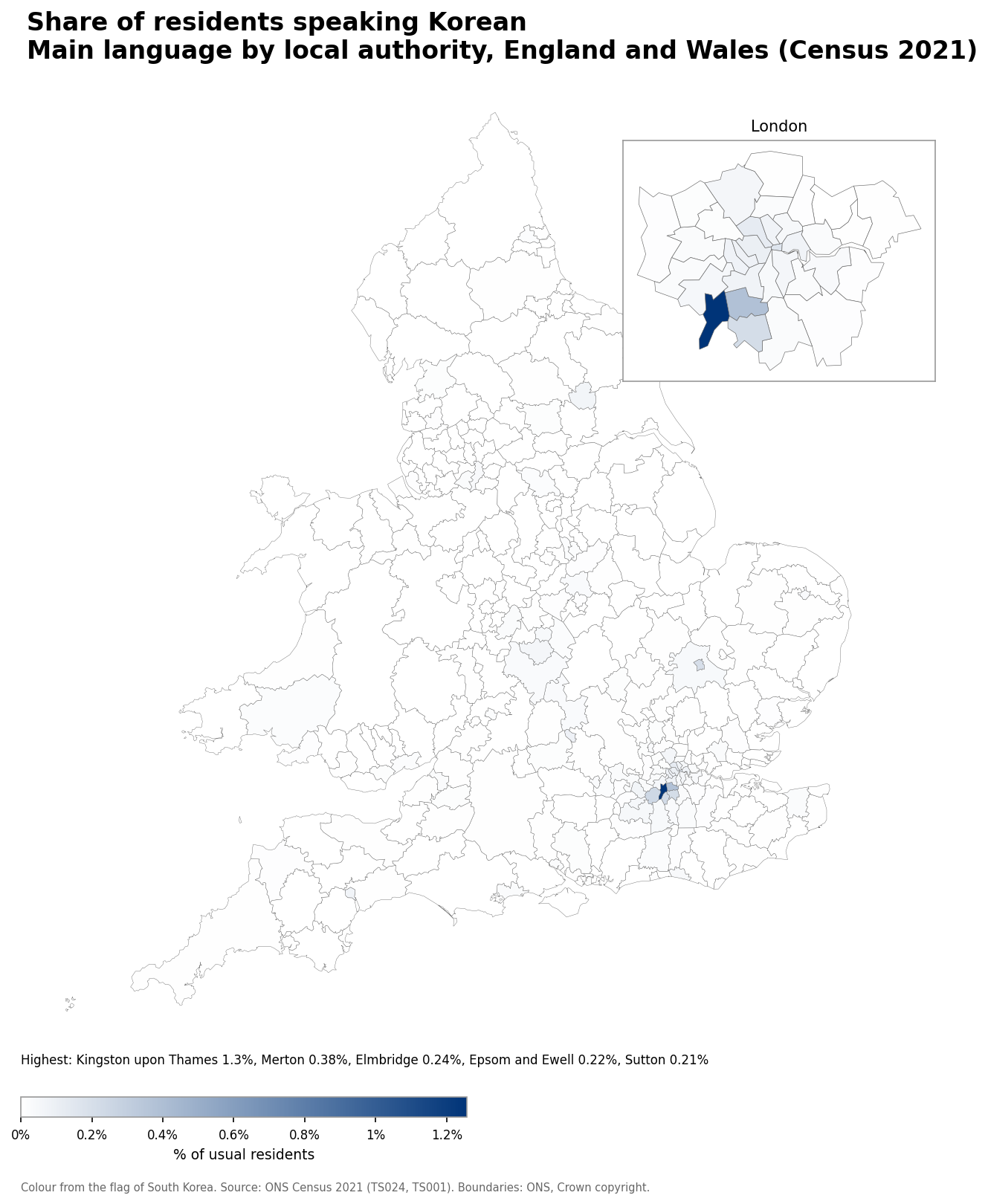 Map of the percentage of residents with Korean as their main language by local authority in England and Wales, Census 2021