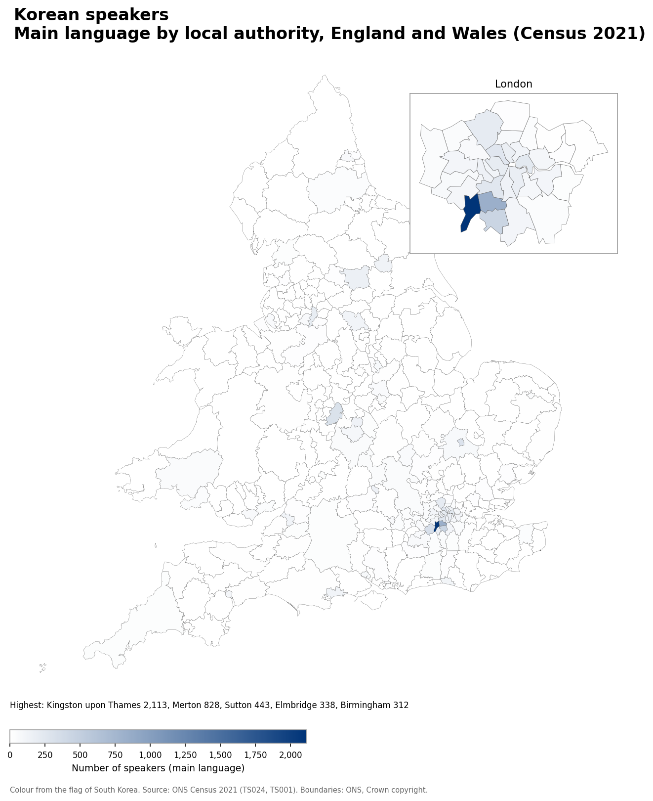 Map of the number of people with Korean as their main language by local authority in England and Wales, Census 2021