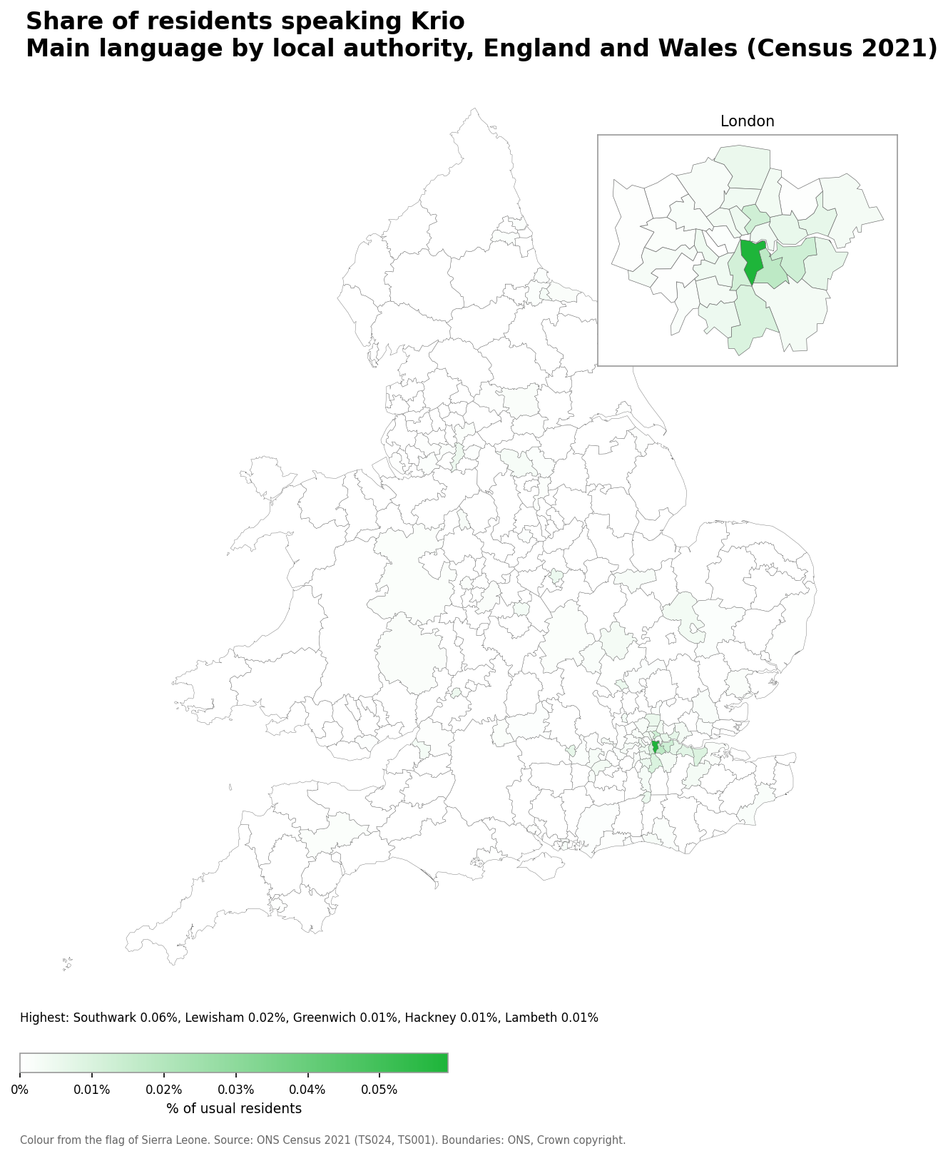 Map of the percentage of residents with Krio as their main language by local authority in England and Wales, Census 2021
