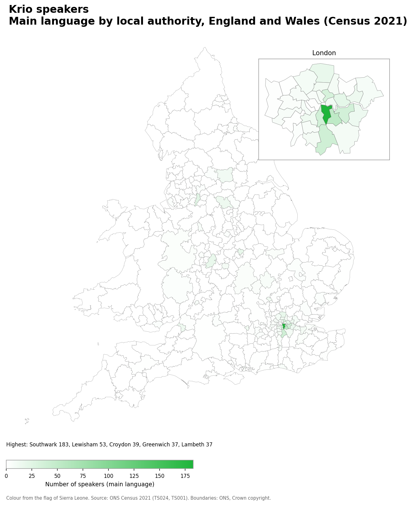 Map of the number of people with Krio as their main language by local authority in England and Wales, Census 2021