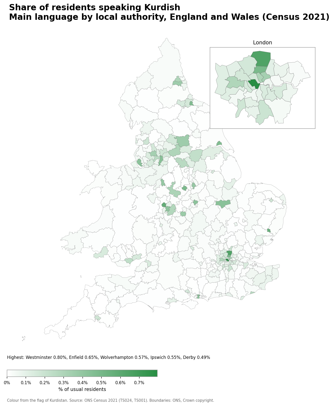 Map of the percentage of residents with Kurdish as their main language by local authority in England and Wales, Census 2021