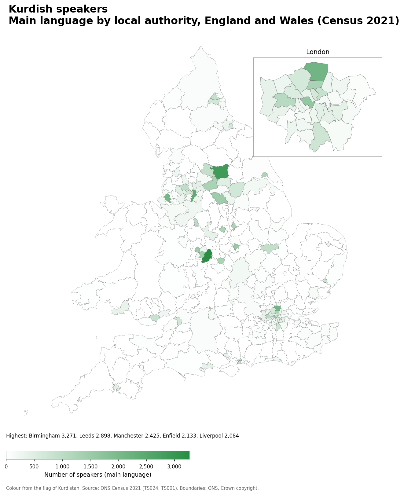 Map of the number of people with Kurdish as their main language by local authority in England and Wales, Census 2021