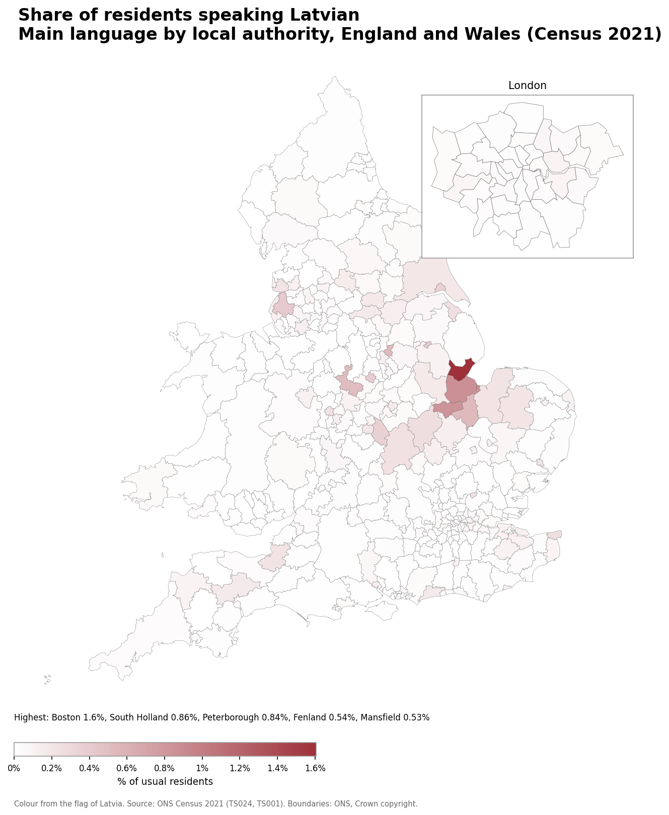 Map of the percentage of residents with Latvian as their main language by local authority in England and Wales, Census 2021