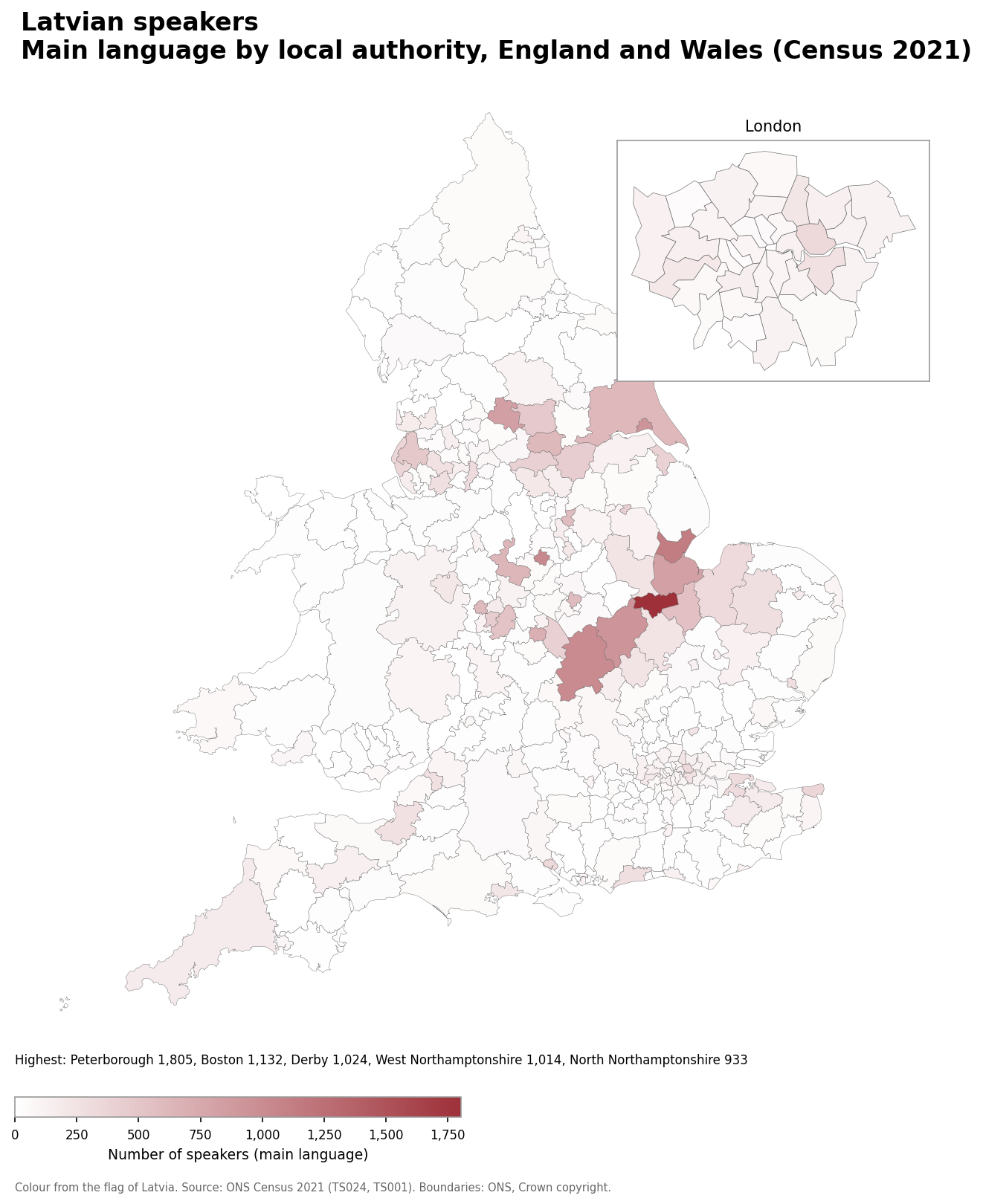 Map of the number of people with Latvian as their main language by local authority in England and Wales, Census 2021