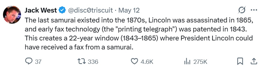 The last samurai existed into the 1870s, Lincoln was assassinated in 1865, and early fax technology (the
