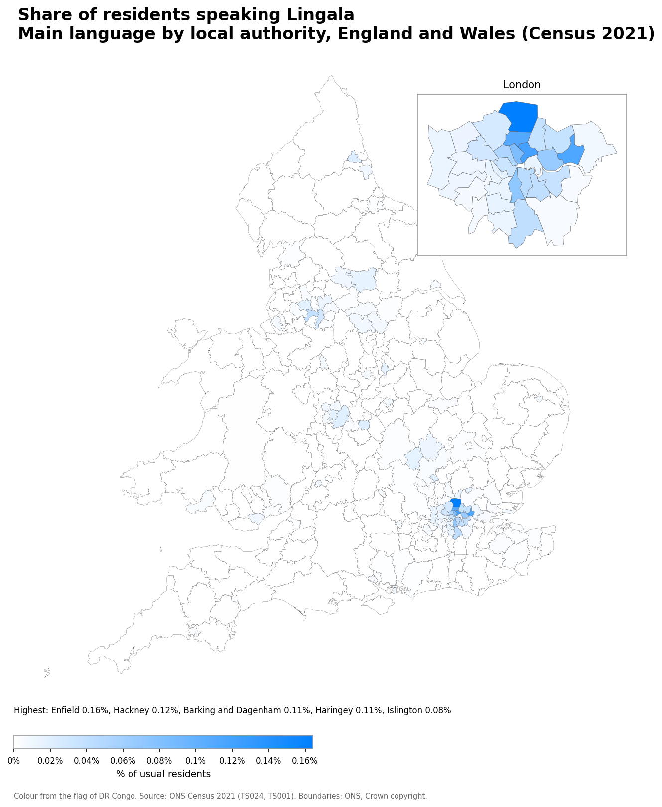 Map of the percentage of residents with Lingala as their main language by local authority in England and Wales, Census 2021