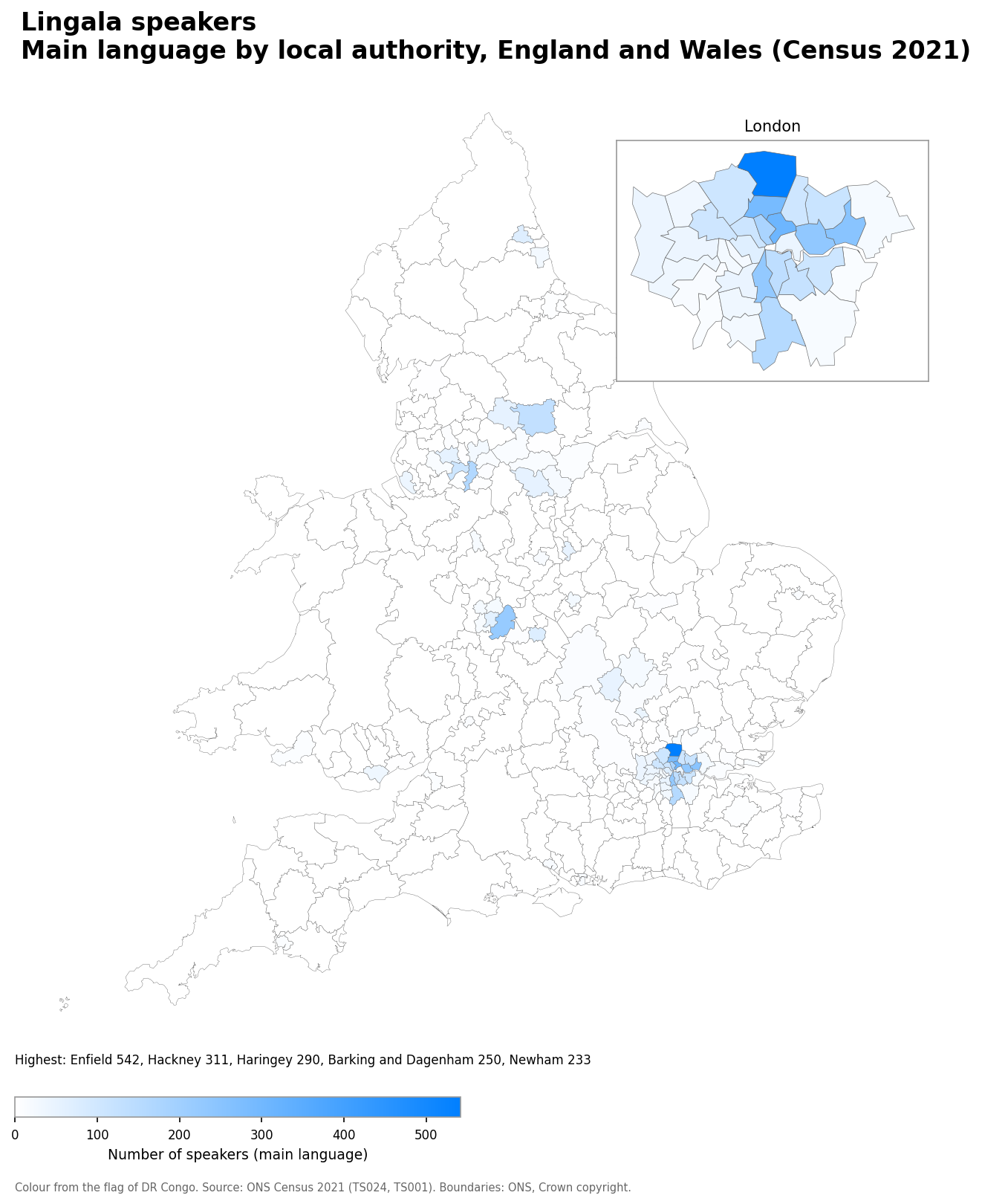 Map of the number of people with Lingala as their main language by local authority in England and Wales, Census 2021