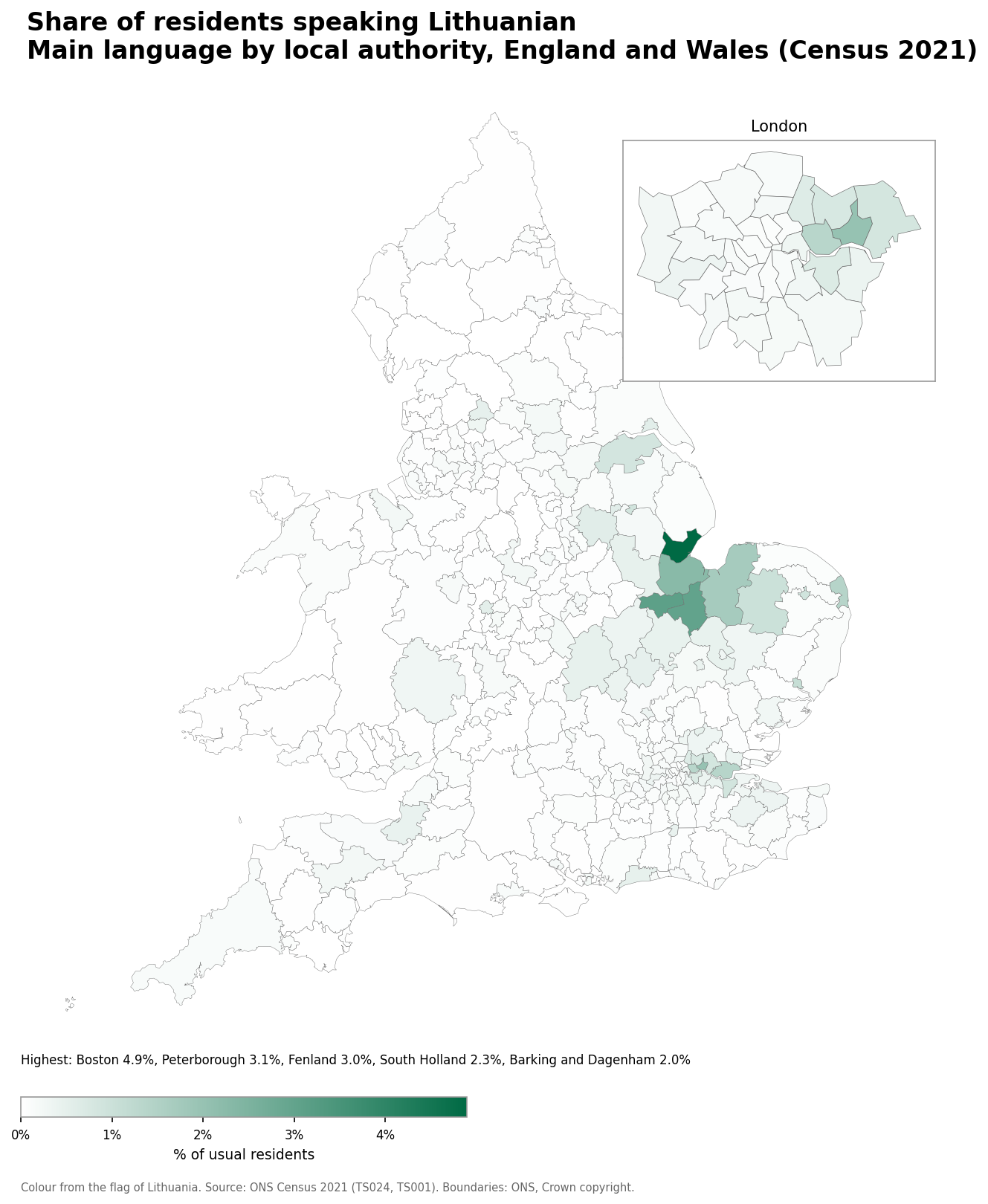Map of the percentage of residents with Lithuanian as their main language by local authority in England and Wales, Census 2021