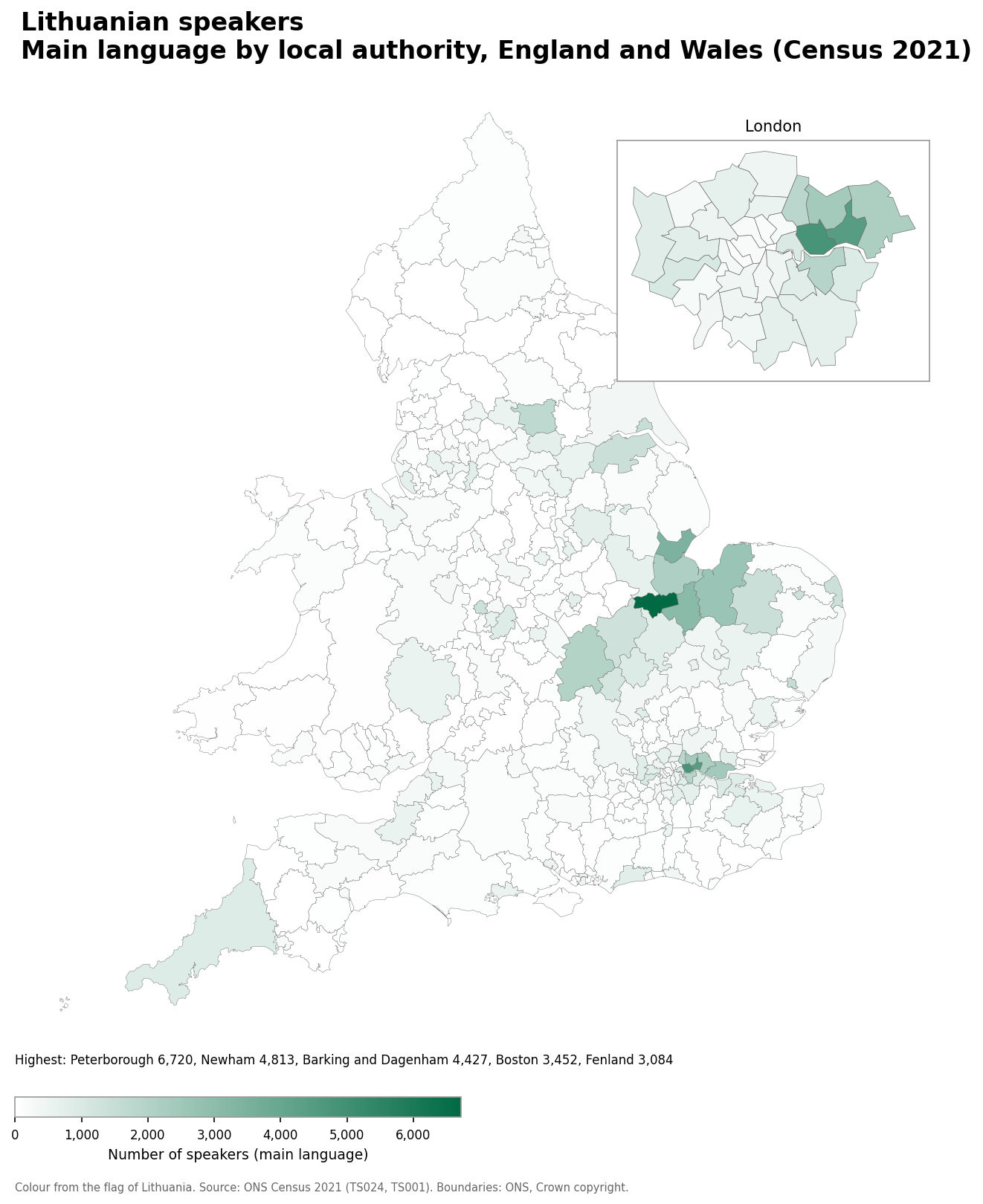 Map of the number of people with Lithuanian as their main language by local authority in England and Wales, Census 2021