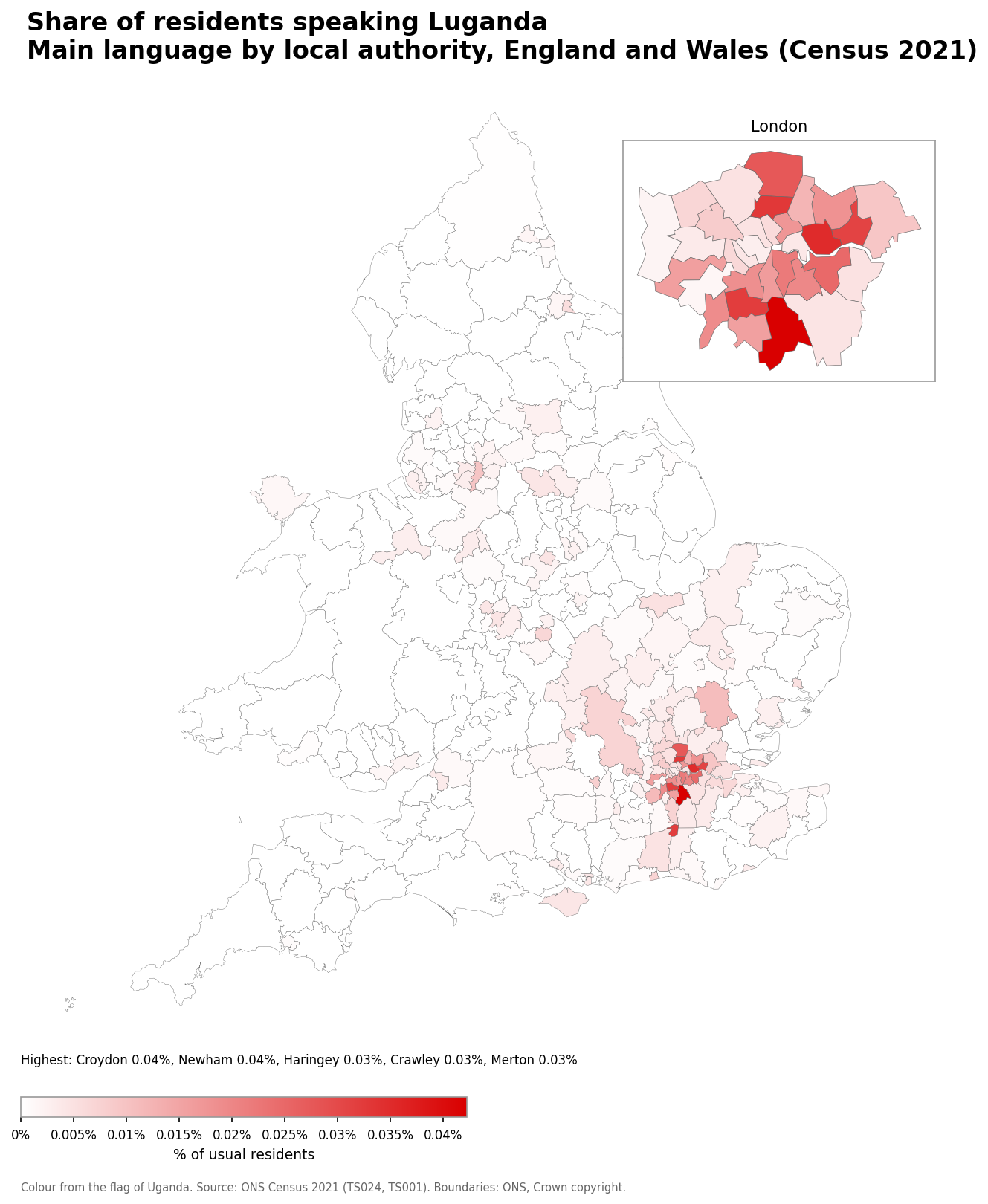 Map of the percentage of residents with Luganda as their main language by local authority in England and Wales, Census 2021
