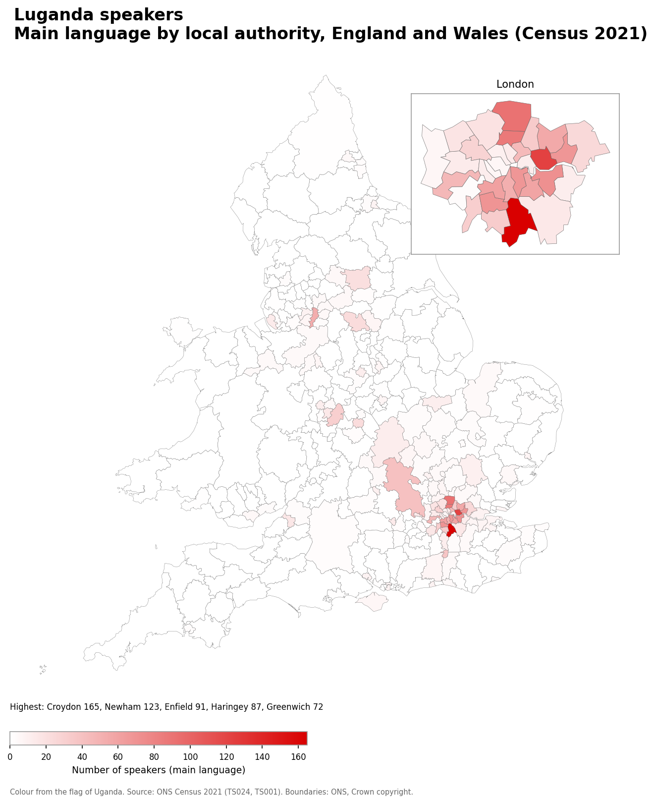 Map of the number of people with Luganda as their main language by local authority in England and Wales, Census 2021