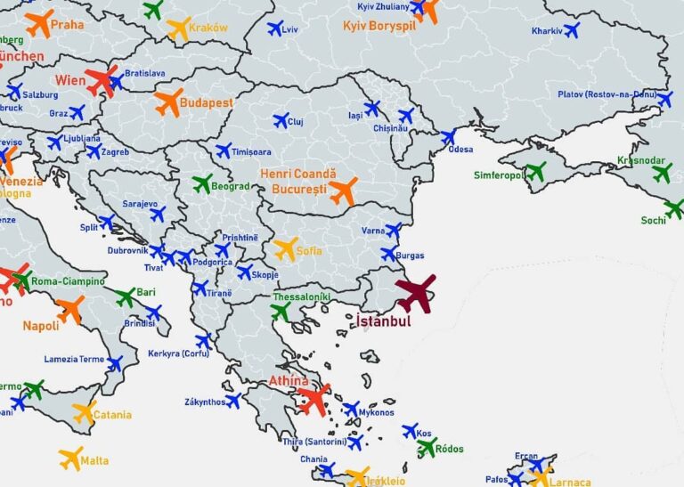 Map Of All Major Airports Of Europe With Over 1 Million Yearly Passengers Major Airports Balkans 768x547 