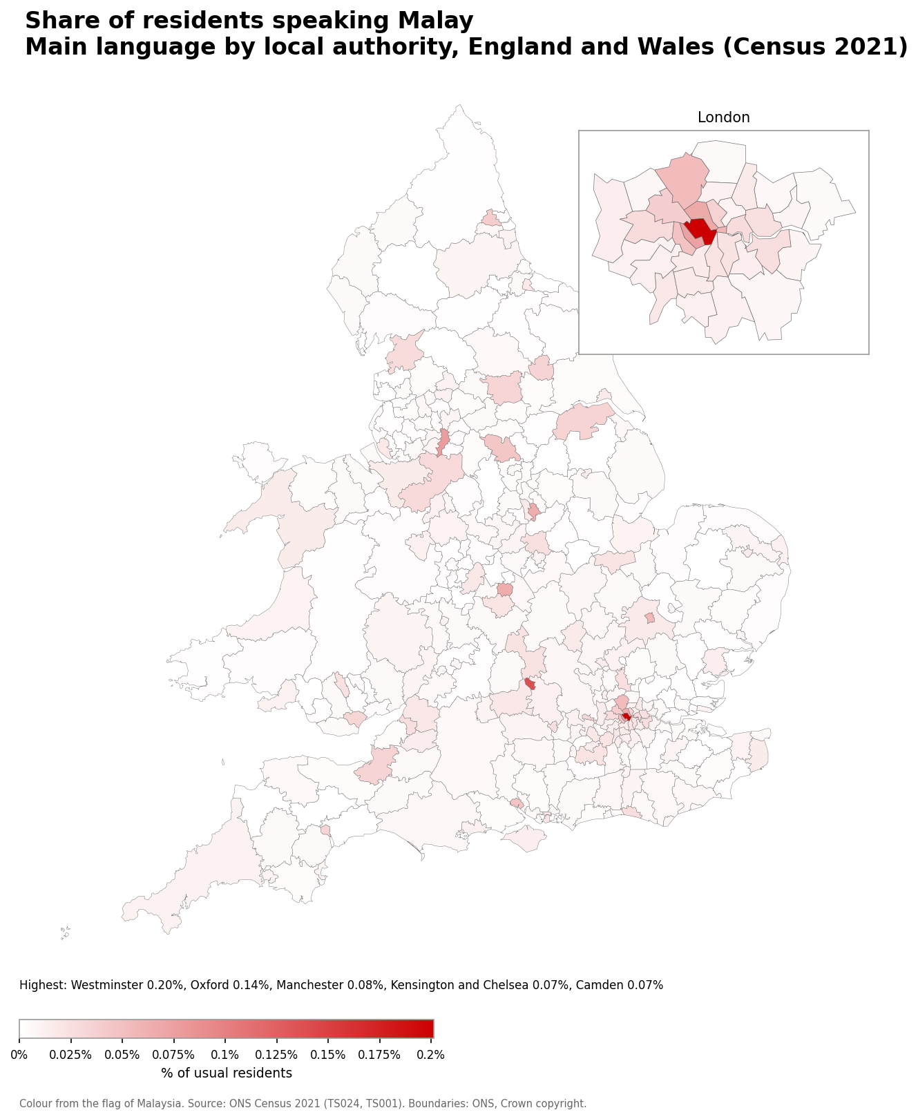Map of the percentage of residents with Malay as their main language by local authority in England and Wales, Census 2021