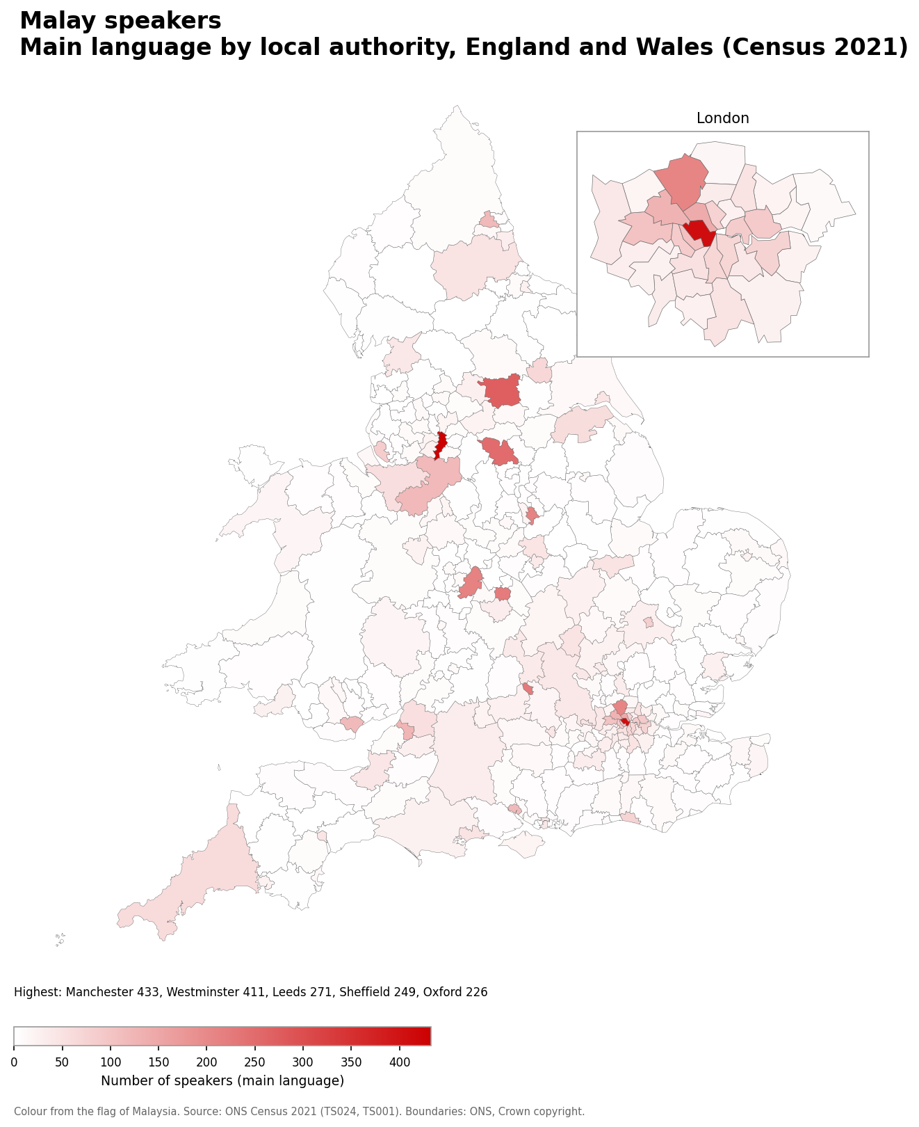 Map of the number of people with Malay as their main language by local authority in England and Wales, Census 2021