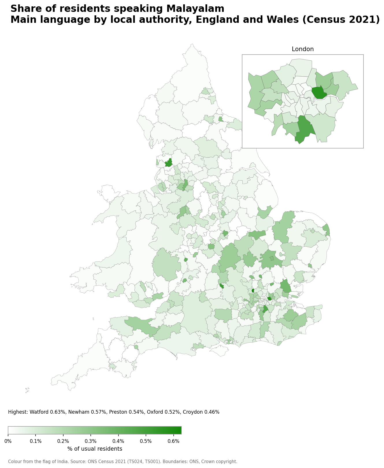Map of the percentage of residents with Malayalam as their main language by local authority in England and Wales, Census 2021
