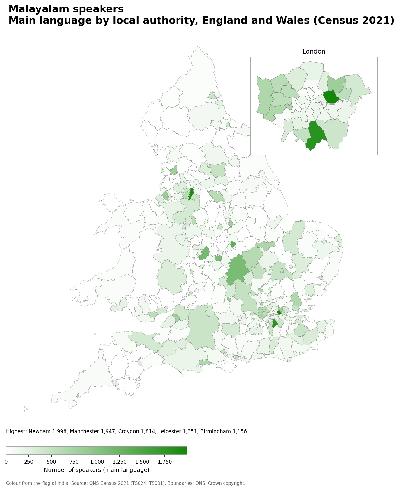 Map of the number of people with Malayalam as their main language by local authority in England and Wales, Census 2021