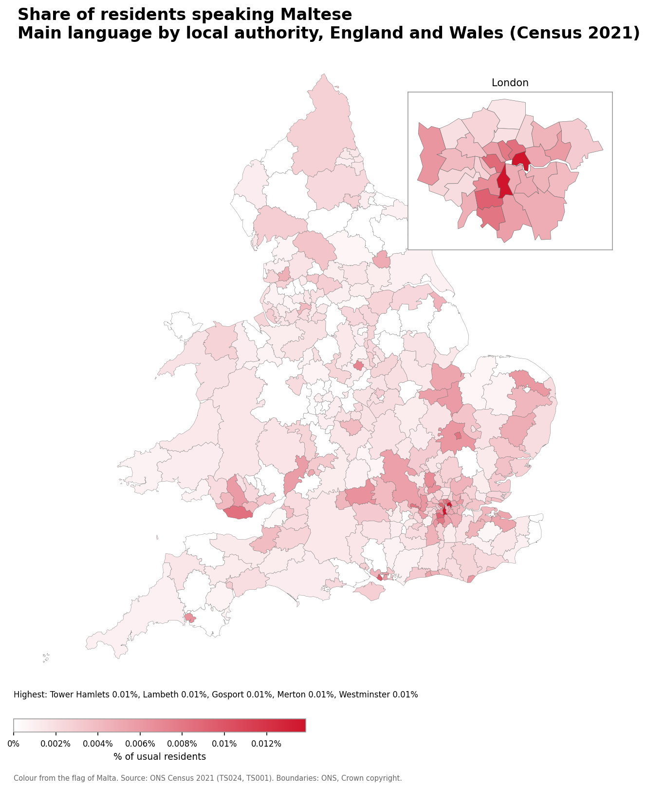 Map of the percentage of residents with Maltese as their main language by local authority in England and Wales, Census 2021