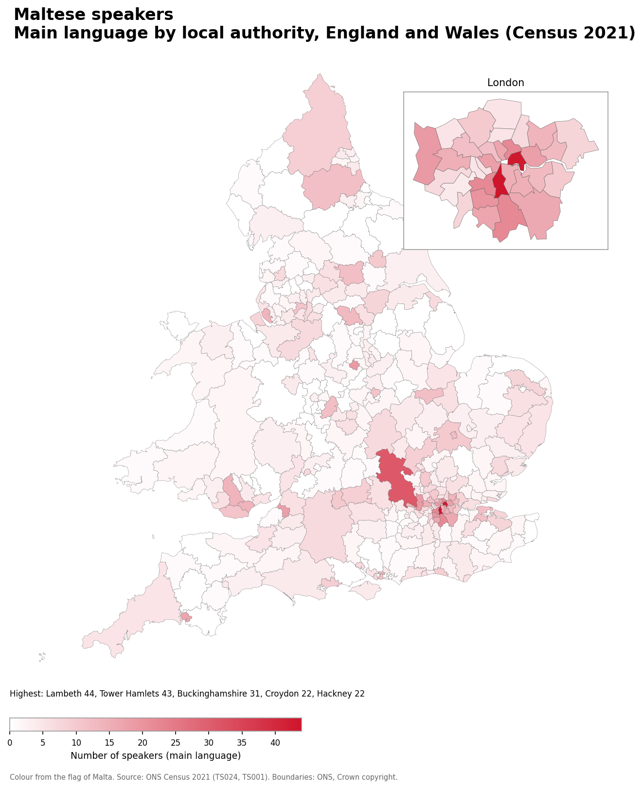 Map of the number of people with Maltese as their main language by local authority in England and Wales, Census 2021