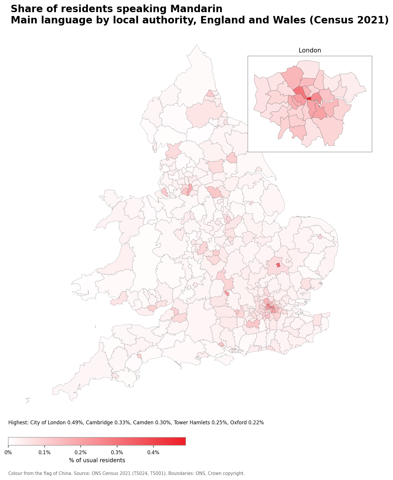 Map of the percentage of residents with Mandarin as their main language by local authority in England and Wales, Census 2021