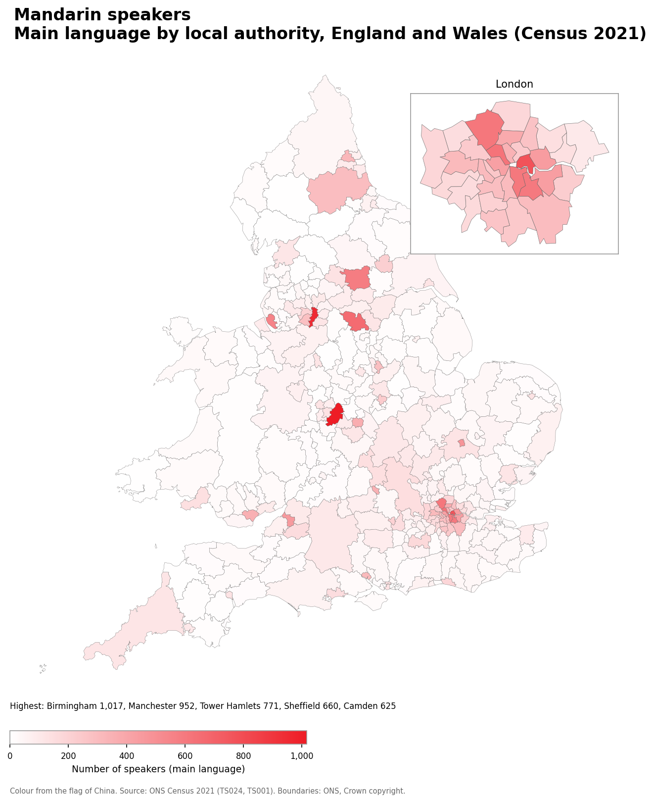 Map of the number of people with Mandarin as their main language by local authority in England and Wales, Census 2021