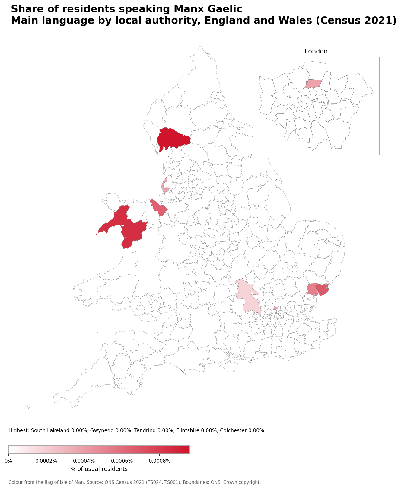Map of the percentage of residents with Manx Gaelic as their main language by local authority in England and Wales, Census 2021