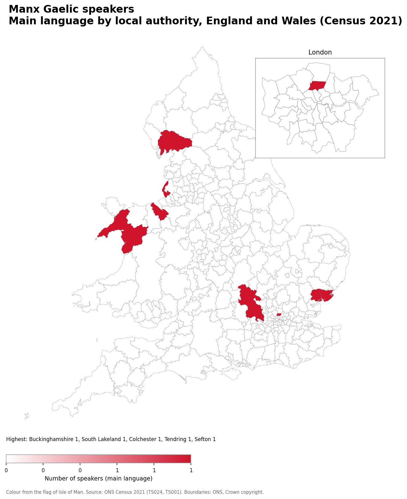 Map of the number of people with Manx Gaelic as their main language by local authority in England and Wales, Census 2021