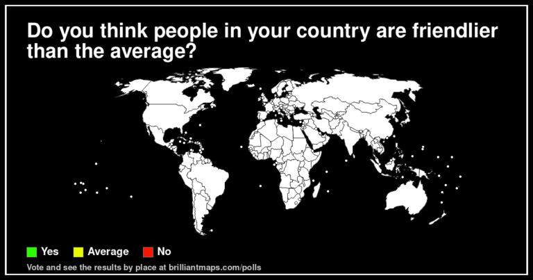 Do you think people in your country are friendlier than the average? (map poll)